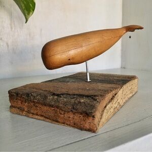 Vintage 70s Handmade Solid Wood Sperm Whale Sculpture Mounted Striped Wood Block